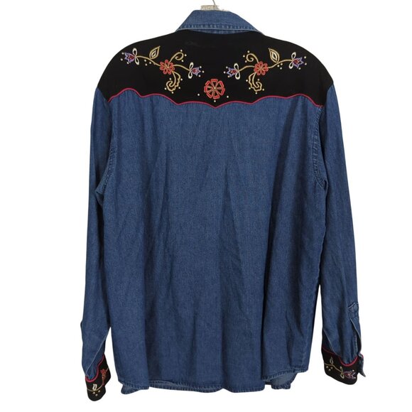 Rhythm Blue Vintage Shirt Western Denim Velvet Embroidered Floral Women L - Picture 2 of 14